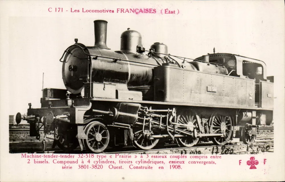 Locomotiva Francesa — Máquina-tender do tipo « Prairie » — série 3801-3820, construída em 1908 - Frente
