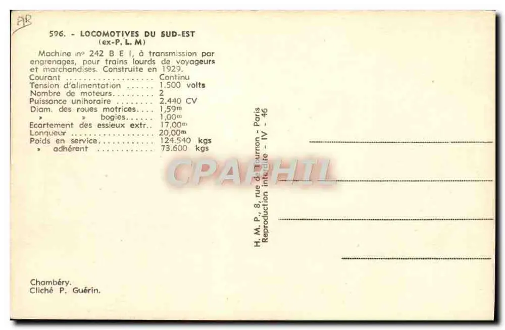 Locomotiva elétrica 242 BE I — Sudeste — H. M. P. Paris - Verso