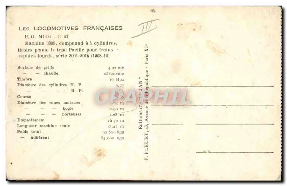 Locomotiva P.O. MIDI D 62 — Máquina 3008, composta com 4 cilindros, tipo Pacific — Edições F. Fleury, Paris - Verso