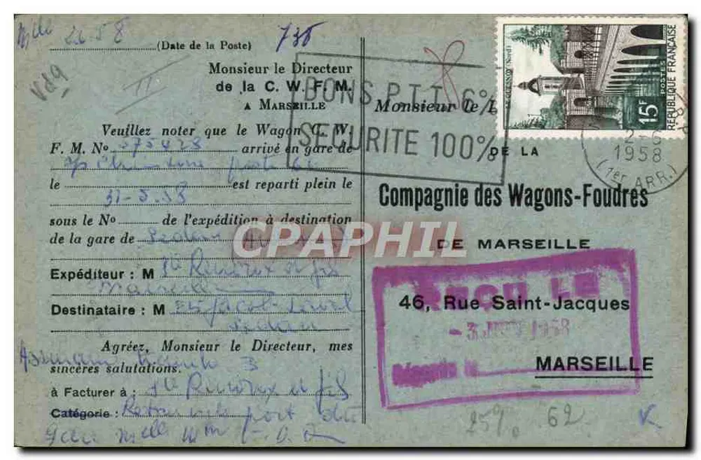 Vagão-cisterna C.W.F.M. 7575318p — Compagnia dos Vagões-Cisternas de Marselha - Verso
