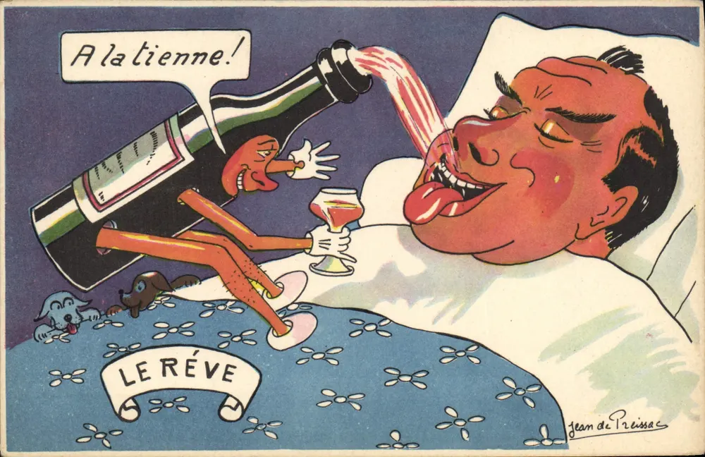 Le Réve — Karikatur eines betrunkenen Mannes mit einer anthropomorphisierten Flasche — Jean de Preissac - Vorderseite