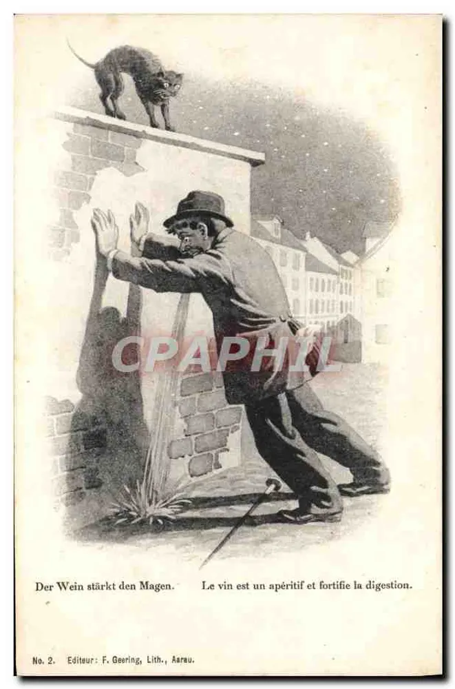 Ein Mann und eine Katze an einer Wand — Weinwerbung — F. Geering, Lith., Aarau, n°2 - Vorderseite