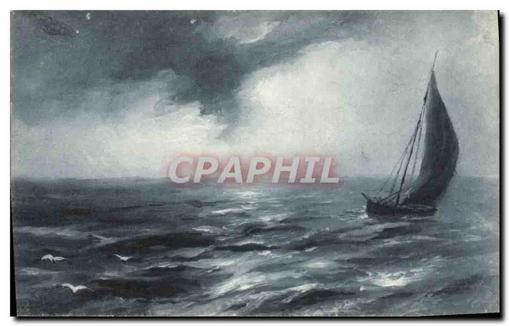 Barco a vela em um mar agitado — pintura — Concessionário F. Chio, Paris - Frente