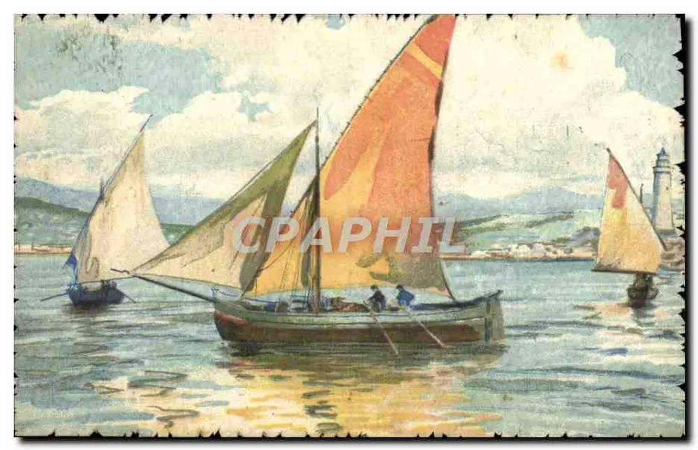Cena marítima com barcos a vela — farol no fundo — T.A.M. série 1314 - Frente