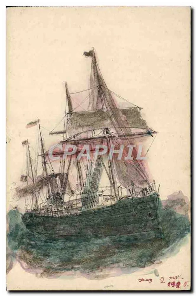 Navio a vela — desenho a tinta e aquarela — datado 2 de março de 1920 - Frente