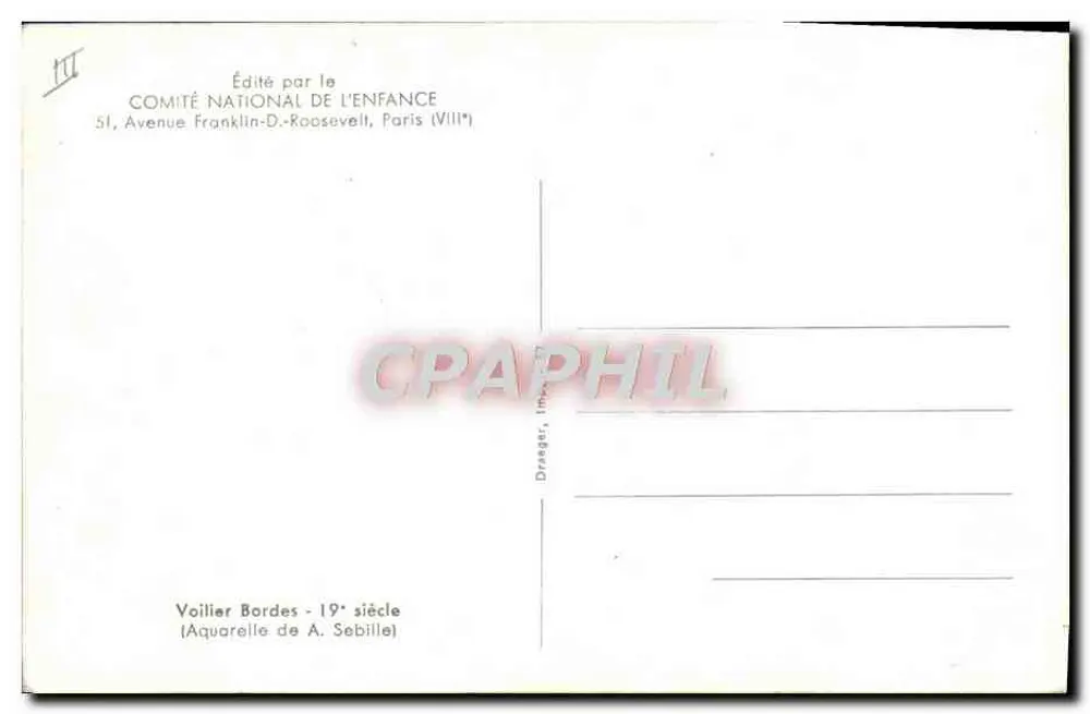 Embarcação Bordes - Século XIX — Aquarela de A. Sebille — Editado pelo COMITÉ NATIONAL DE L'ENFANCE - Verso