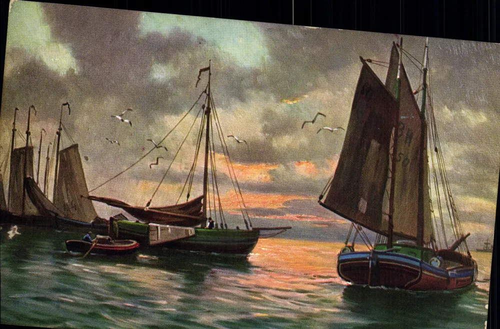 Porto de pesca ao entardecer — barcos a vela e gaivotas — T.S.N. Série 1156 (6 Dess.) - Frente