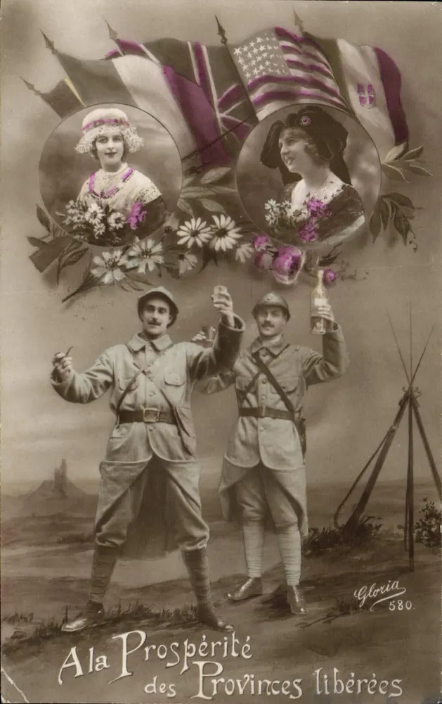 Zwei Soldaten feiern — unter amerikanischen, britischen und portugiesischen Fahnen — die Prosperität der befreiten Provinzen — Gloria 580 - Vorderseite