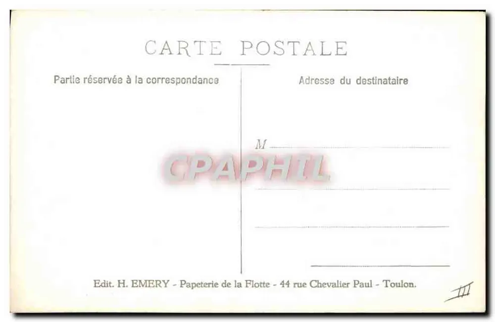 Vista de navios de guerra no mar — Editor H. EMERY, Toulon - Verso