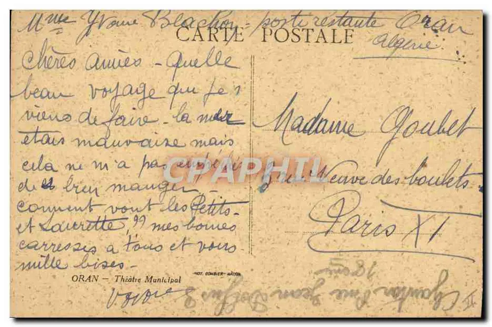 Théâtre Municipal d'Oran — éditeur 'Café du Nord' — n° 3254 - Verso