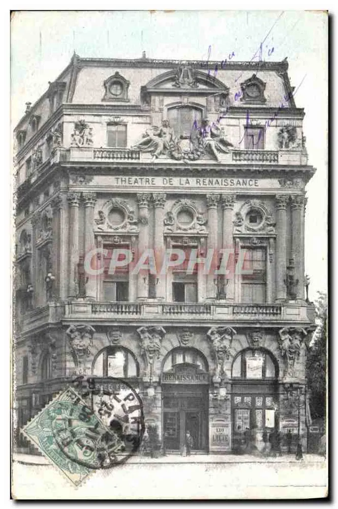 Théâtre de la Renaissance — façade ornée de sculptures et de colonnes — éditeur impr. J. B. L. & Cie, n° 102 - Frente