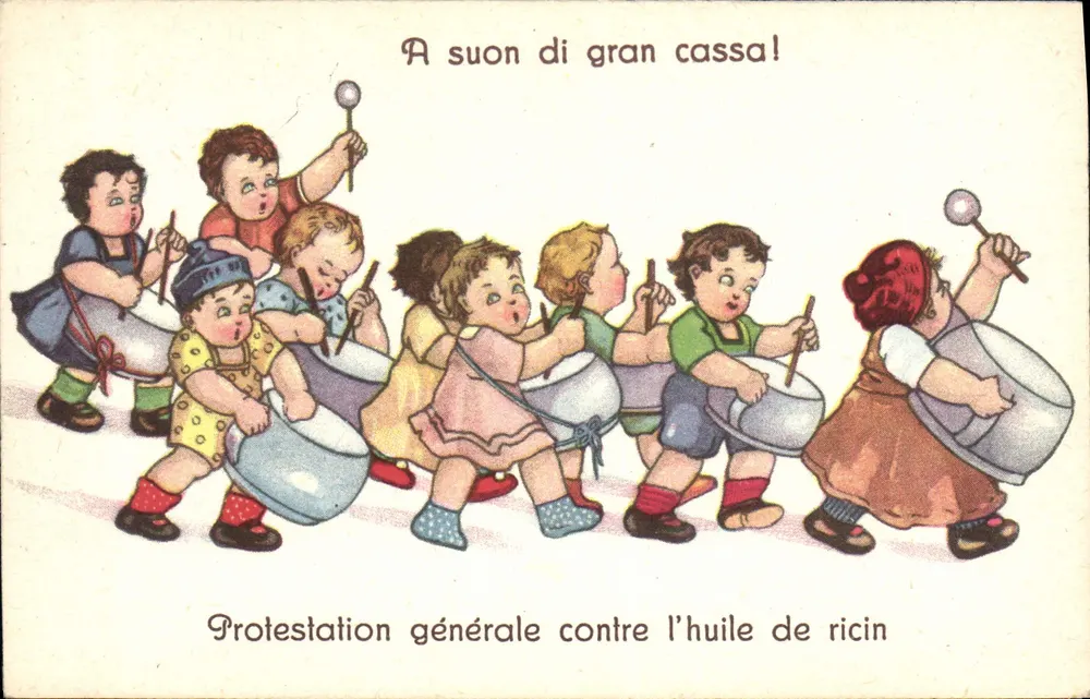 Kinder, die die Bassdrum spielen — Allgemeiner Protest gegen Rizinusöl — Verlag ELC, Nr. 21 - Vorderseite