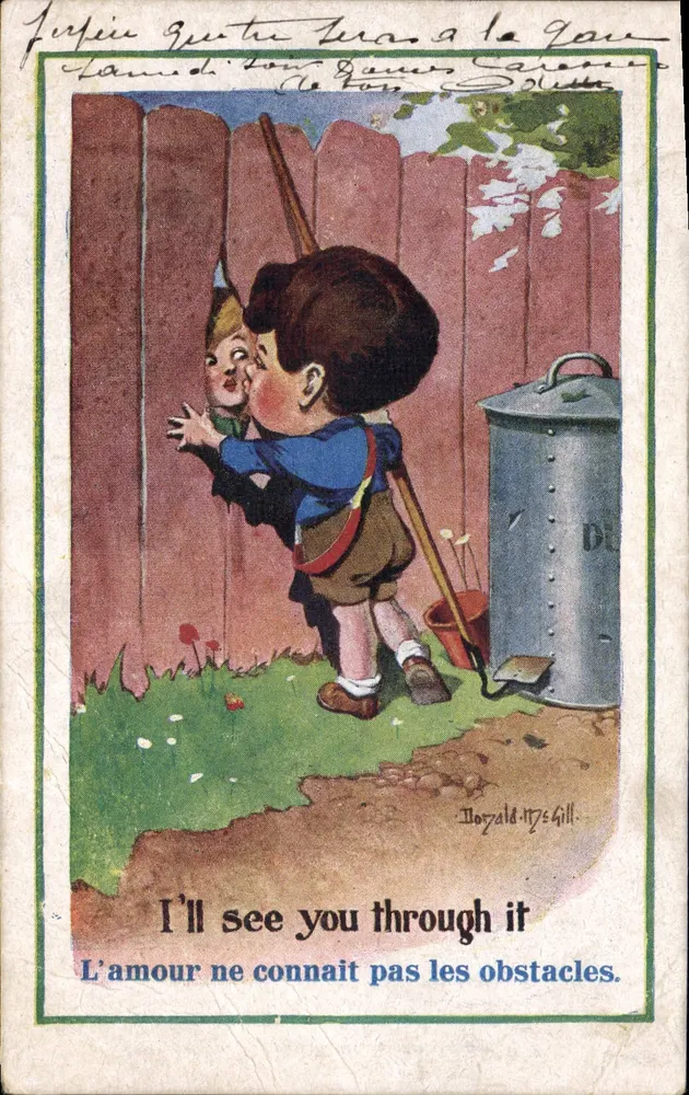 Enfant regardant par-dessus un mur — scène d'amour — éditeur Donald M. Gill - Recto