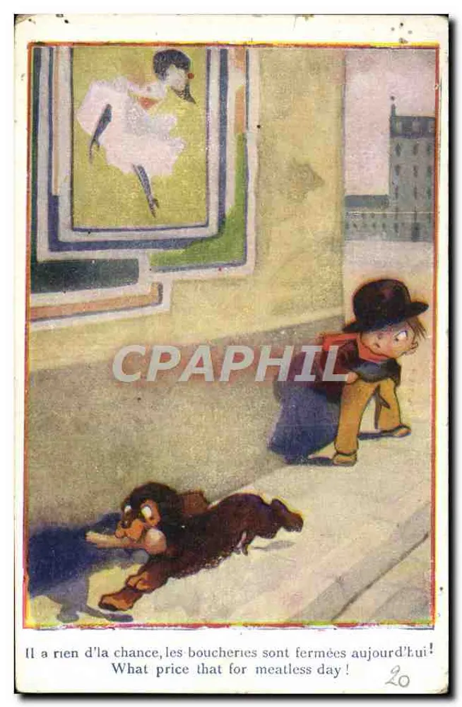 Criança e cachorro diante de uma cartaz — dia sem carne — editor Lamy, série N° 063 - Frente