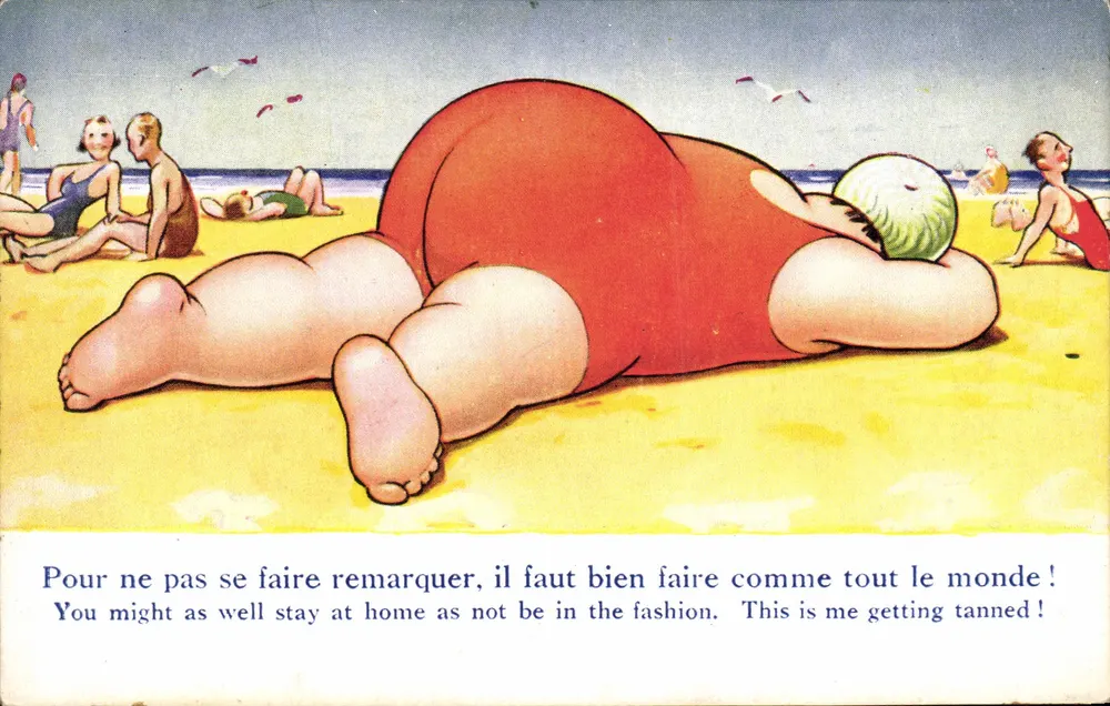 Banheira de maiô vermelho — caricatura de um homem gordo se bronzeando — n°4196 - Frente
