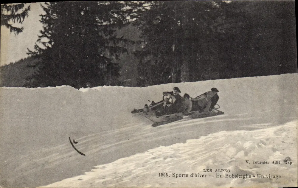 Die Alpen — Winter-Sport — In Bobbahnen — Ein Kurven — V. Fournier, Verlag Gap - Vorderseite