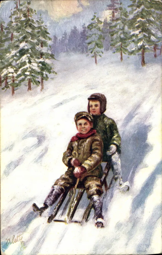 Zwei Kinder auf einer Schlittenfahrt in einer Winterlandschaft — Zeichnung unterschrieben von 'Rilette' — Tuck's Post Card - Vorderseite