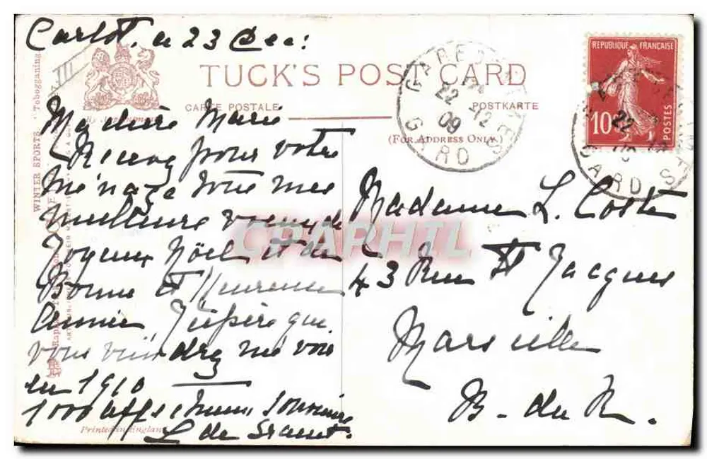 Zwei Kinder auf einer Schlittenfahrt in einer Winterlandschaft — Zeichnung unterschrieben von 'Rilette' — Tuck's Post Card - Rückseite