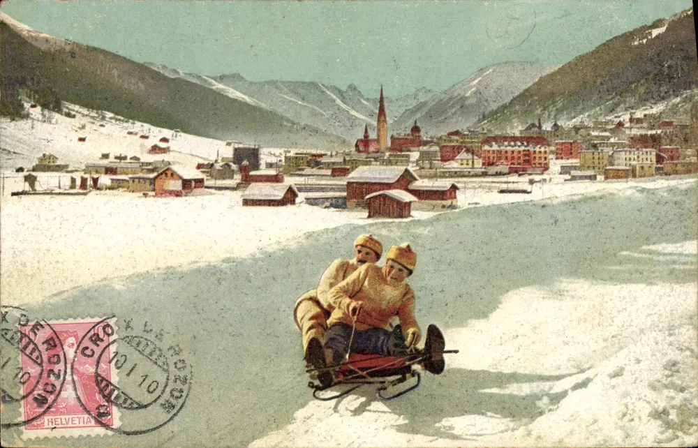 Zwei Kinder auf einem Schlitten — Ansicht von Grindelwald — Verlag Helvetia, Serie V. L. II, Nr. 3451 - Vorderseite