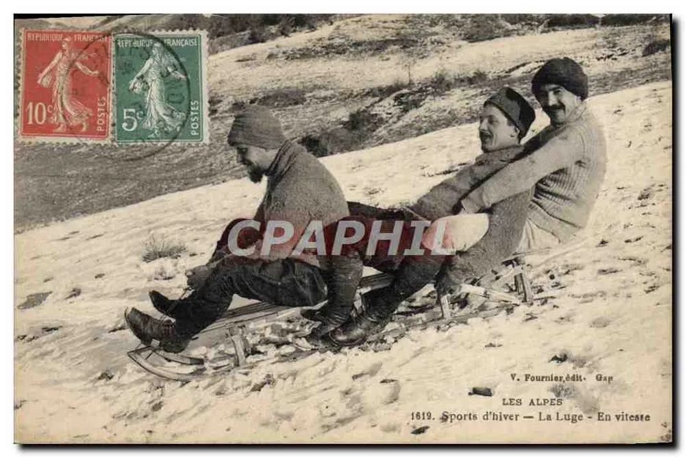 Die Alpen — Winter-Sport — Das Schlittenfahren — Mit Geschwindigkeit — V. Fournier Verlag, Gap - Vorderseite