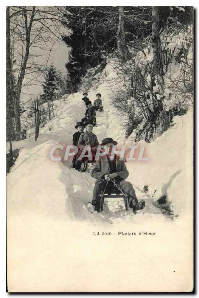 Kinder, die eine Schneewehe hinunterrutschen — J.J. 3040 - Winterfreuden - Vorderseite
