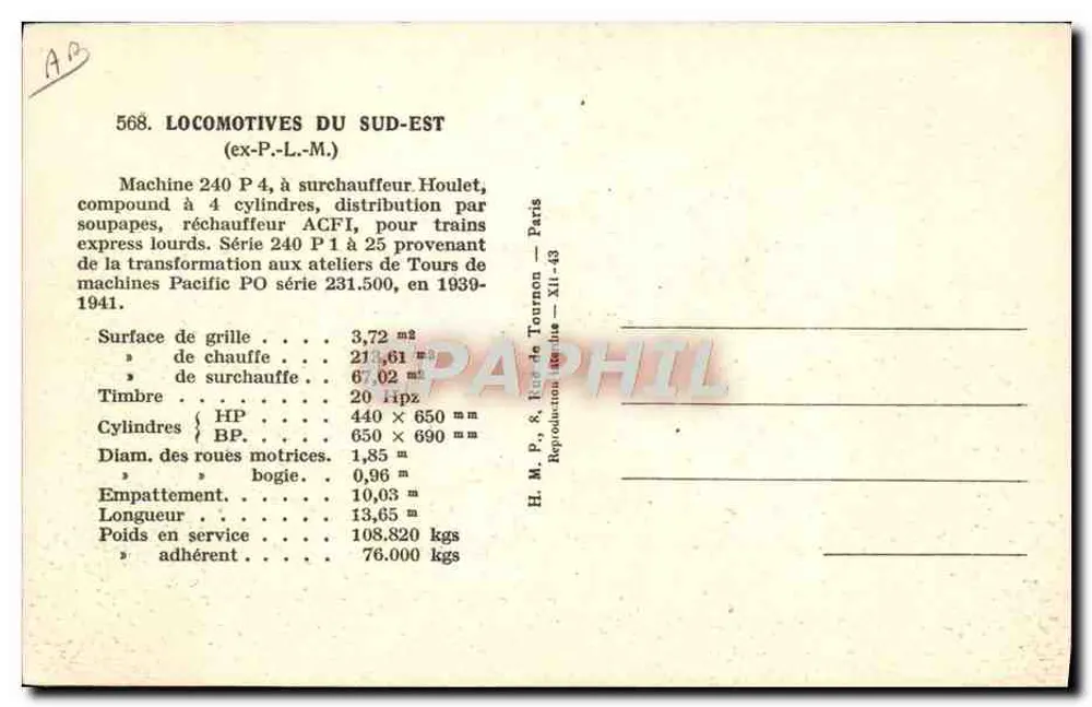 Locomotiva 240 P 4 — Sud-Est (ex-P-L-M) — H. M. P., Paris - Verso