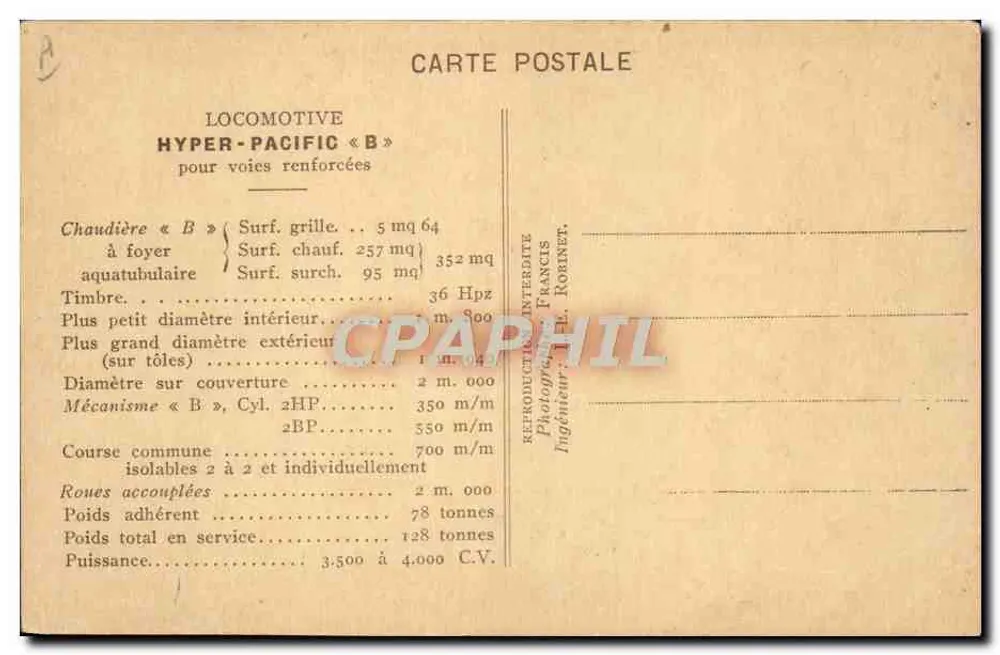 Locomotive Hyper-Pacifique « B » — modèle projet au 1/10e pour voies renforcées — éditeur FRANCIS ROBINET - Rückseite