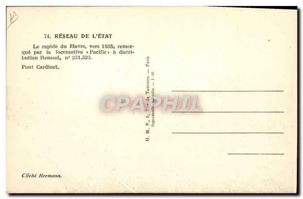 Rapide von Havre — um 1935 — gezogen von der Lokomotive « Pacific » mit Renaud-Verteiler, Nr. 231.523 — H.M.P. Paris - Rückseite
