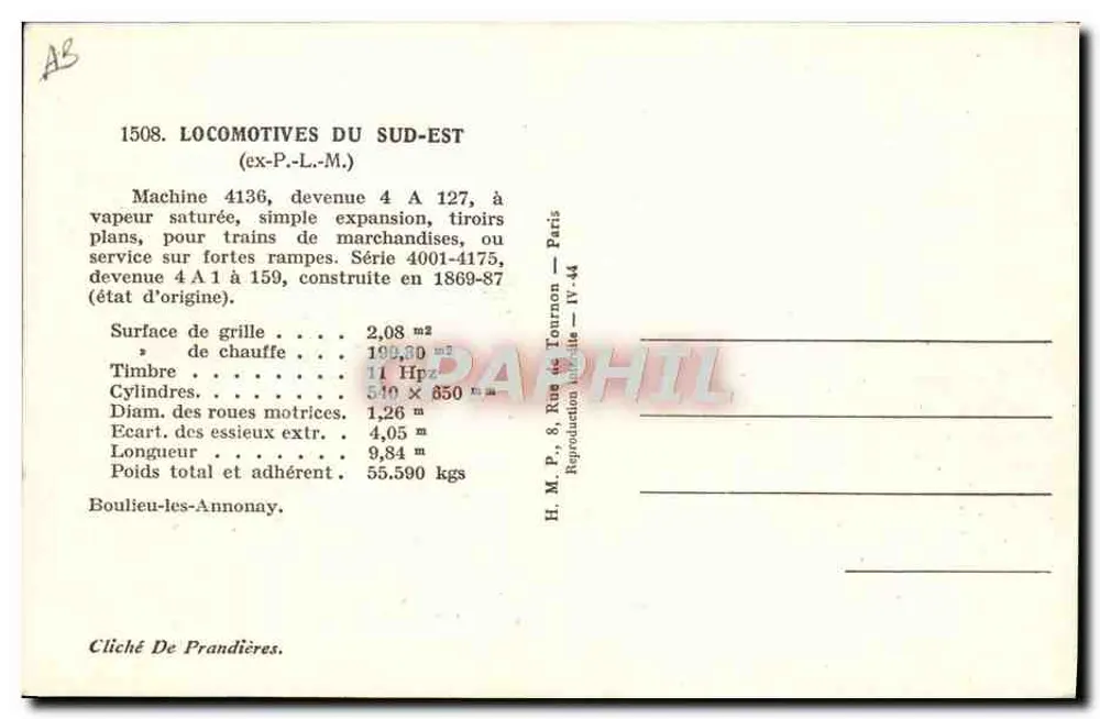 Bouliou — Locomotiva n° 4136 — H.M.P. Paris - Verso
