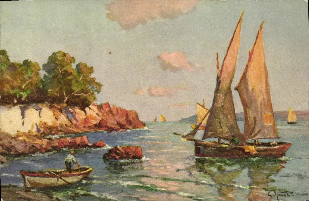 Cena marítima — barcos a vela e barca — G. Djaouti - Frente