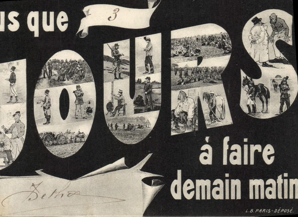 Soldats en campagne — affiche typographique avec lettres découpées — L.B. PARIS-DÉPOSÉ. - Frente