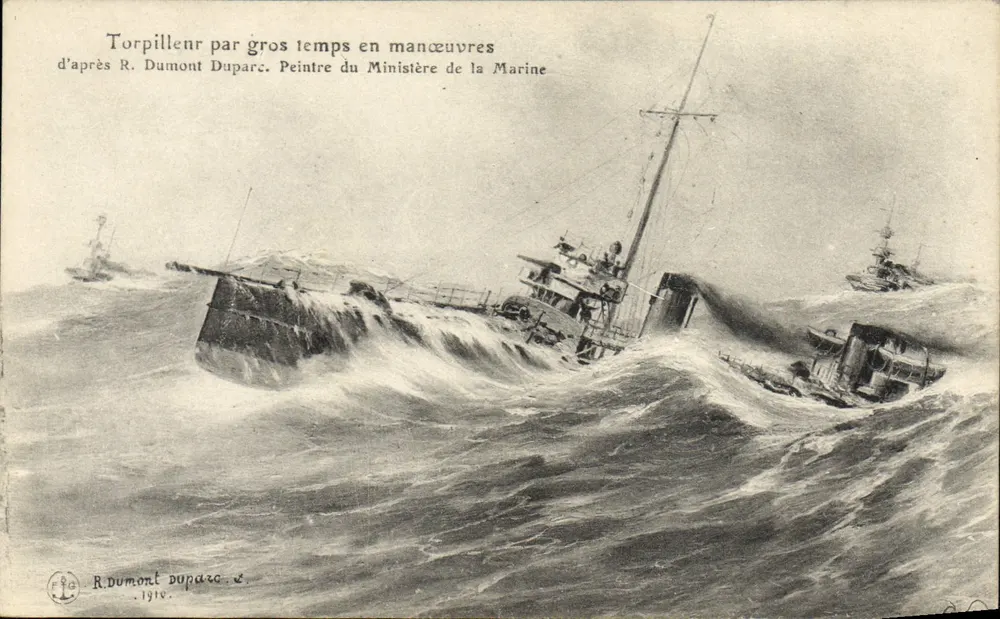 Torpilleur bei stürmischem Wetter während Manövern — nach R. Dumont Duparc, Maler des Marineministeriums — 1910 - Vorderseite