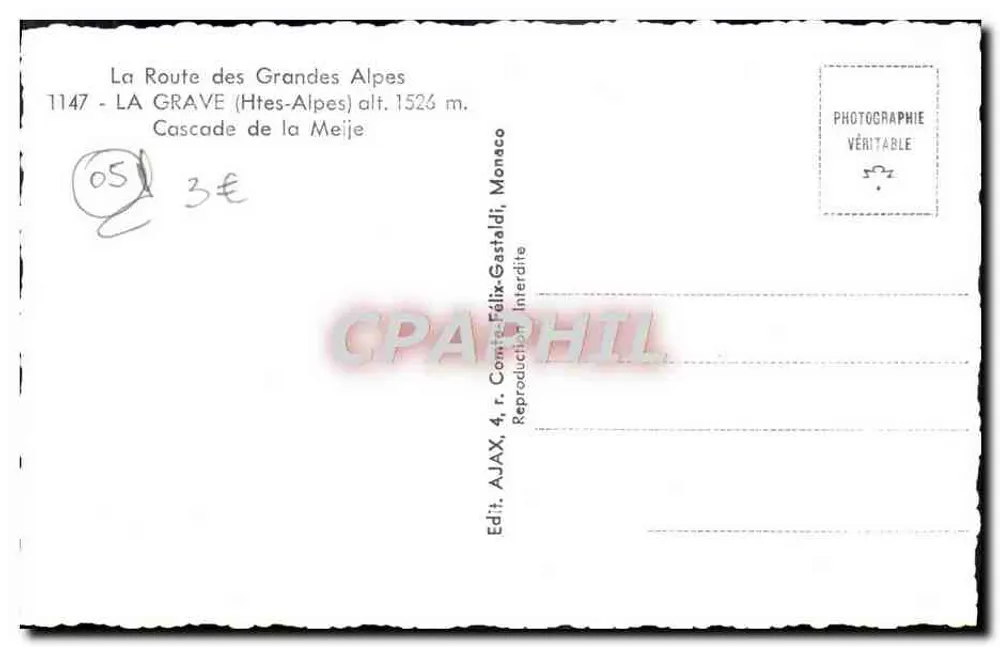 Cascata da Meije — La Grave (Alpes Altas) alt. 1526 m. — Edit. AJAX, 4, r. Comte-Félix-Gastaldi, Mônaco - Verso
