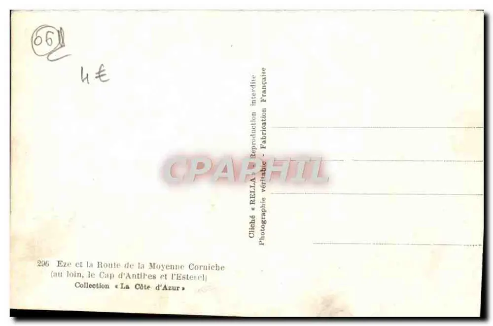 Eze und die Route de la Moyenne Corniche — (im Hintergrund, Cap d'Antibes und der Estérel) — Cliché Rella, Nr. 296 - Rückseite