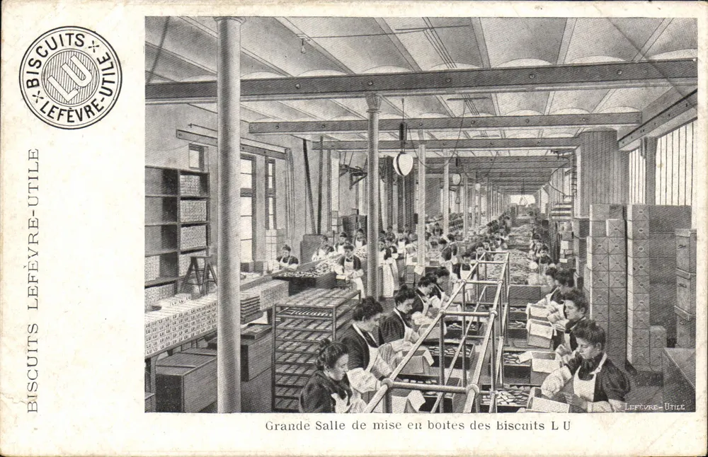 Große Verpackungshalle der Biskottenfabrik LU — Fabrik Lefèvre-Utile, Verlag auf der Karte gedruckt - Vorderseite