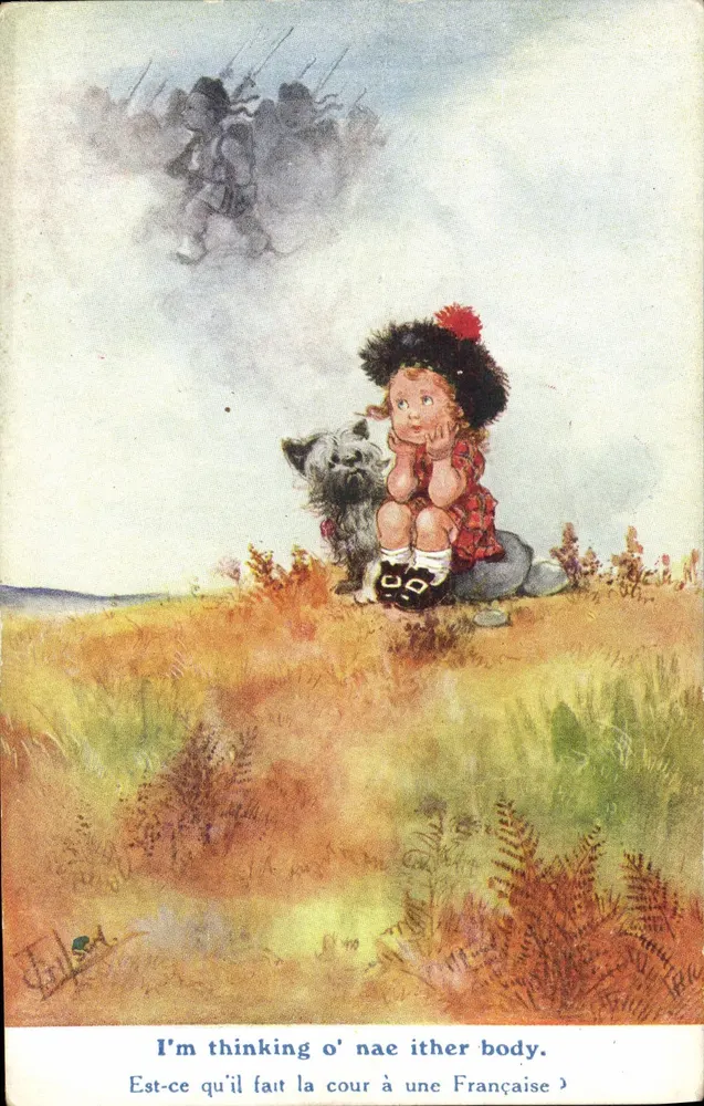Kind en hond die soldaten aanstaren — illustratie van J. Tait — uitgever Loogate, serie N°725 - Voorkant