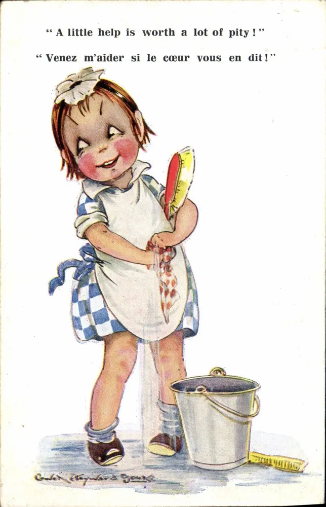 Menina ajudando a limpar — texto bilingue — Inter-Art Co. Ltd. 'Comique' série 65-40 - Frente