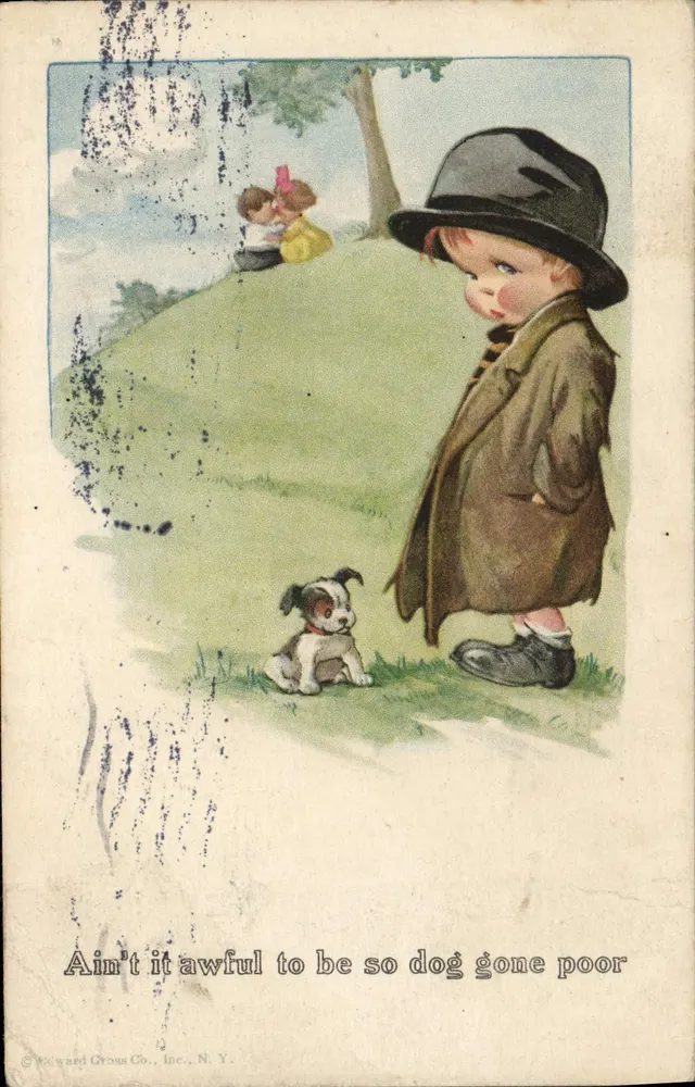 Enfant triste avec un chien — scène de jardin — éditeur Edward Gross Co., N.Y. - Frente