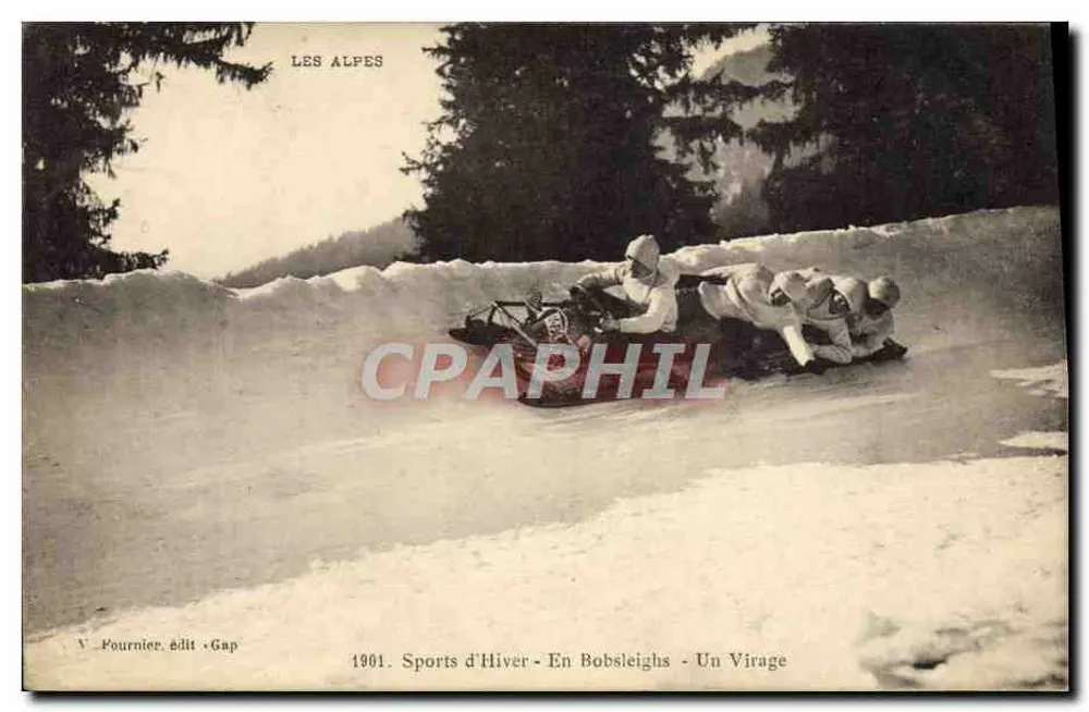 Die Alpen — Winter-Sport — In Bobsleighs — Ein Kurvenzug — Fournier, Verlag Gap, Nr. V - Vorderseite