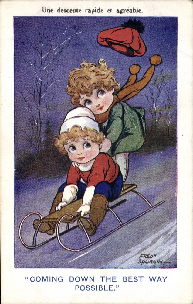 Zwei Kinder auf einem Schlitten — schnelle Abfahrt — Fred Spurgin — Snow Kiddie-Serie - Vorderseite