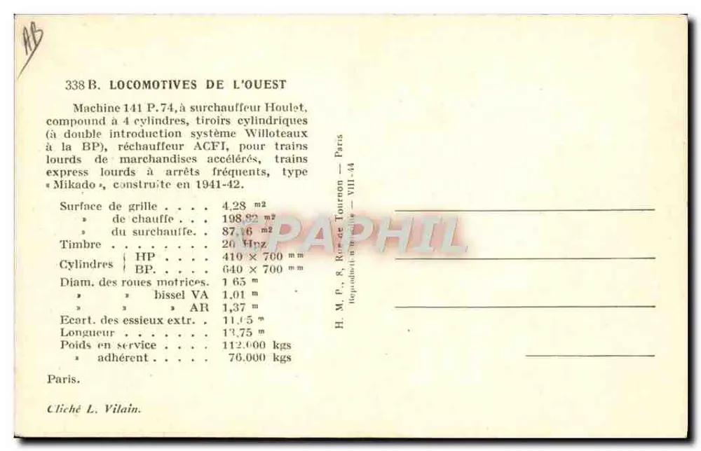 Locomotiva 141 P.74 — Máquina a superaquecedor Houlet, tipo Mikado — H. M. P. & R. Rue de Tournon — Paris - Verso