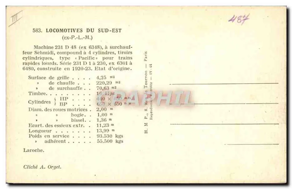 Locomotiva 231 D 48 — Série 231 D 1 a 230 — Sudeste (ex-P.-L.-M.) — H. M. P. & N. T. Tourneon — IV-44 - Verso