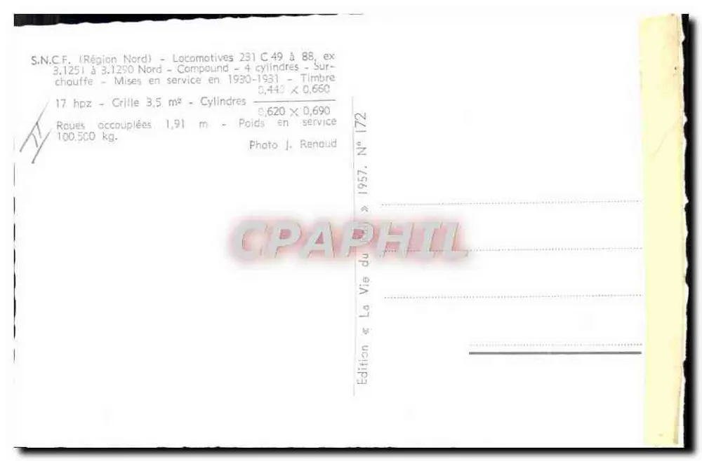 Locomotiva 231.C.50 — S.N.C.F. Região Norte — Edição J. Renaud N°172 - Verso