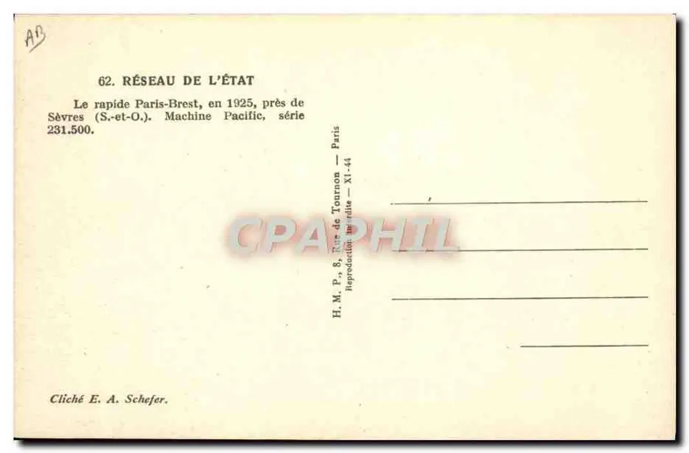 Dampfzug Paris-Brest — Staatsbahn — 1925 — Serie Pacific 231.500 - Rückseite