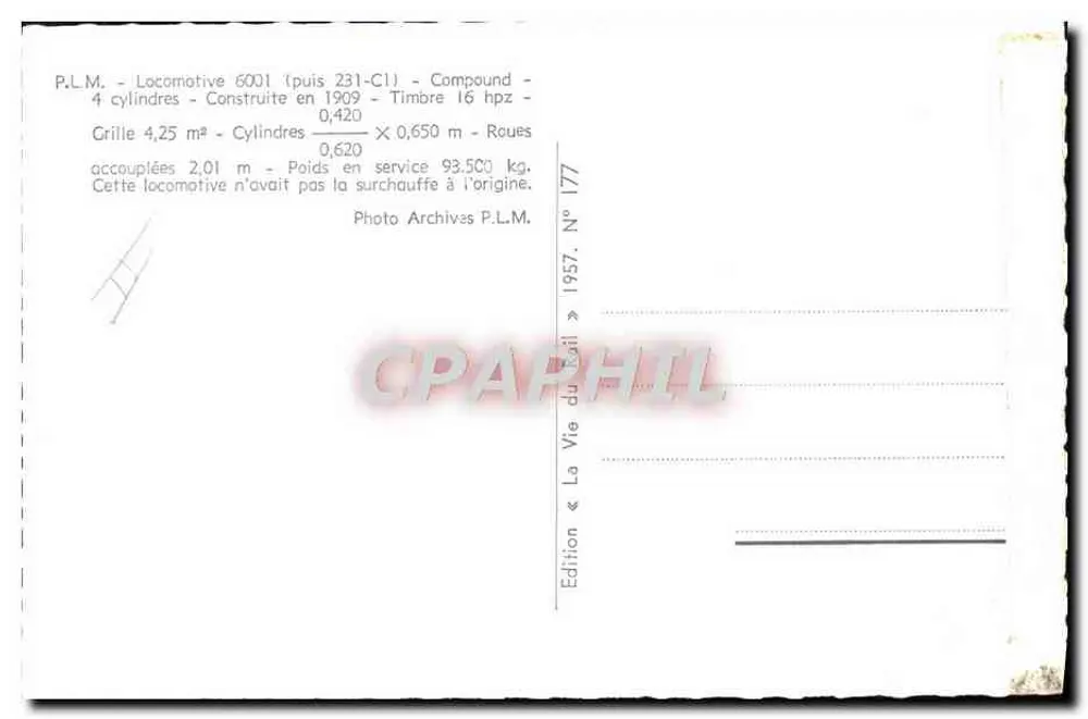Locomotiva 6001 (depois 231-C1) — Compound — P.L.M. — Edição « La Vie du Rail » n° 177 - Verso