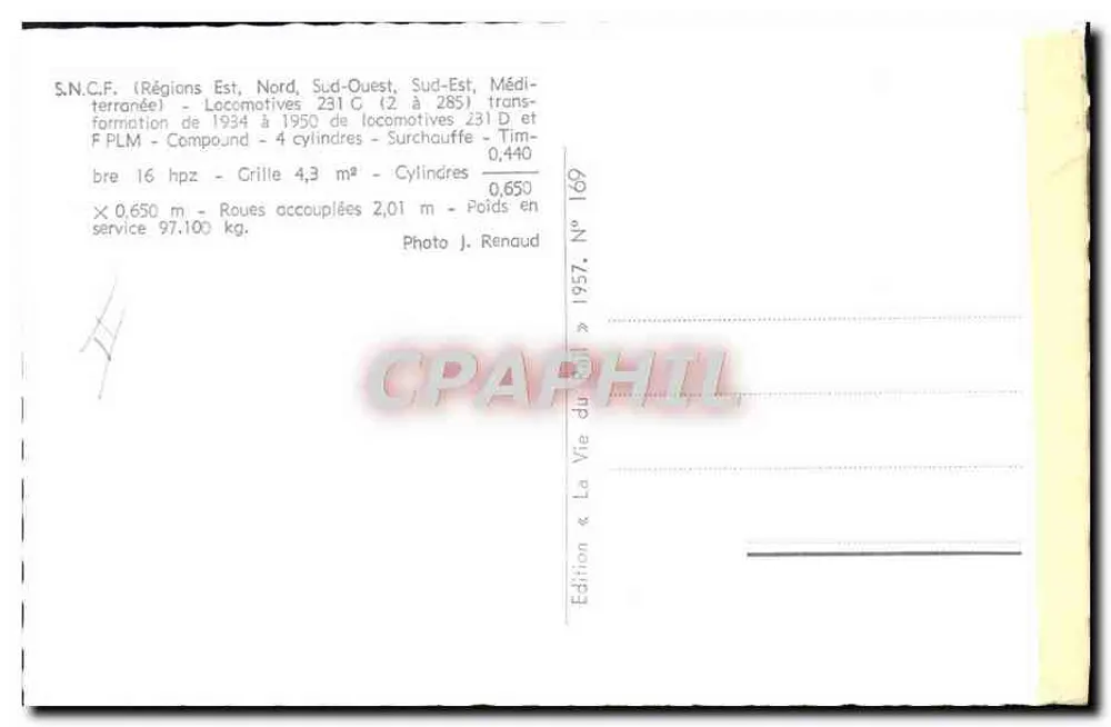 Locomotivas 231 C - S.N.C.F. - Edição « La Vie du Rail » N° 169 - Verso