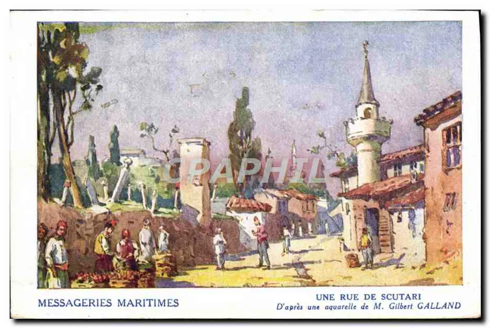 Eine Straße in Scutari — Nach einer Aquatinte von M. Gilbert Galland — Messageries Maritimes - Vorderseite