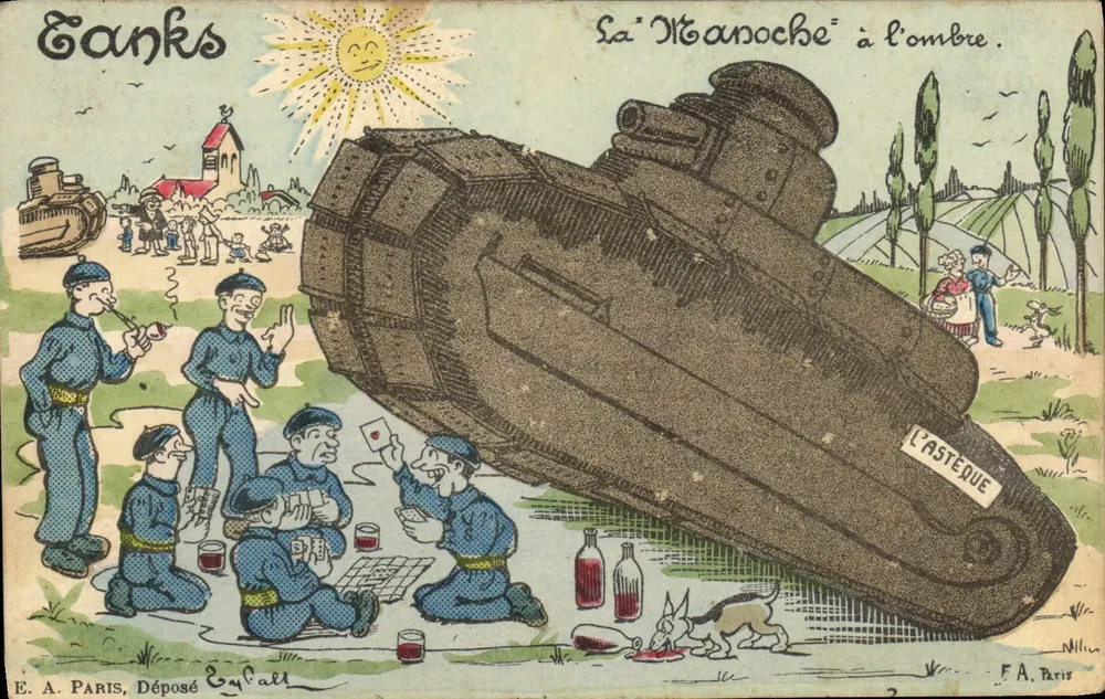 Französische Soldaten, die Karten spielen neben einem umgestürzten Panzer — E. A. Paris, Déposé Cypall - Vorderseite