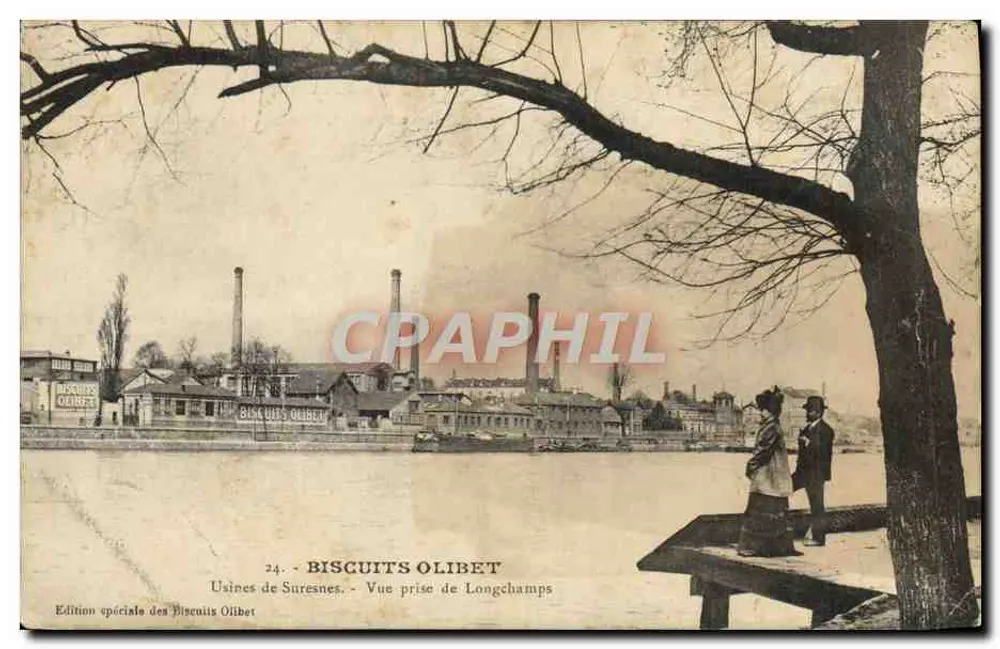 Fabriken von Suresnes — Ansicht aus Longchamps — Sonderausgabe der Olibet-Biskuits, Nr. 24 - Vorderseite
