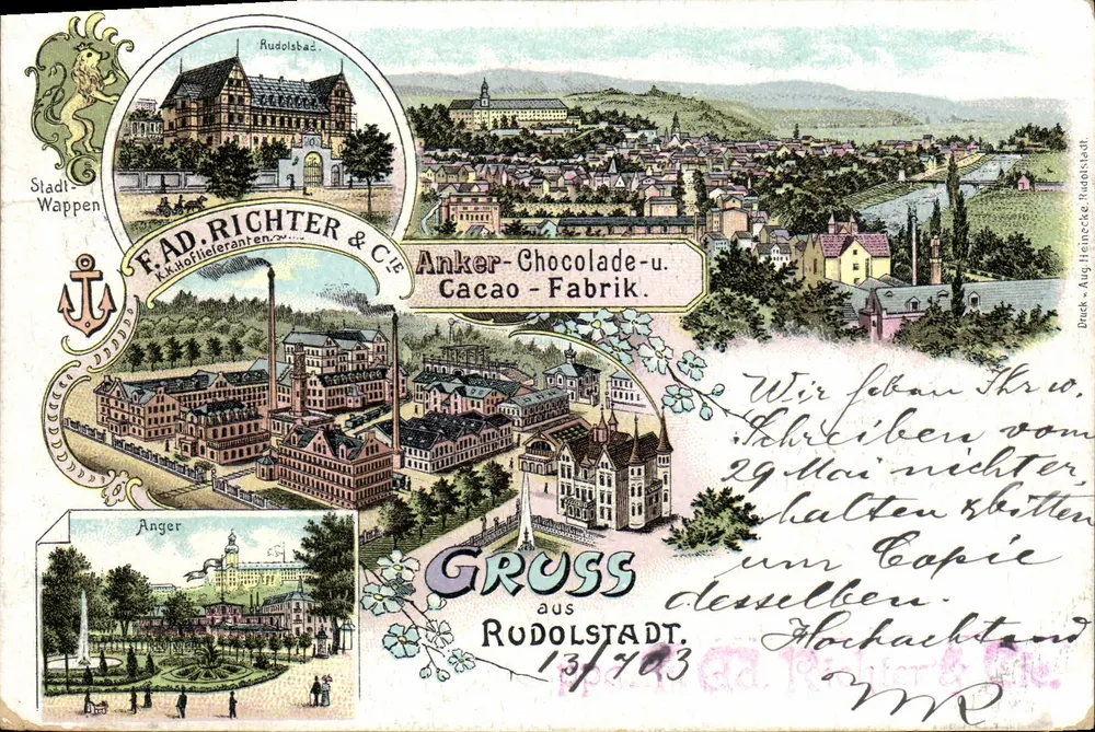 Rudolstadt — Panoramablick mit der Anker-Chocolade-u. Cacao-Fabrik und dem Stadt-Wappen — F.A.D. Richter & Cie, Verlag - Vorderseite